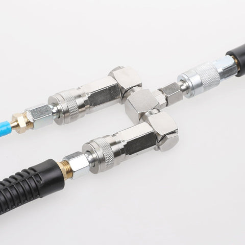 2-Way Air Hose Splitter Manifold with Quick Connect Fittings and Industrial Type Plug on white background.