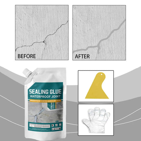 DIY Concrete Crack Filler Sealant That Dries Fast And Bonds Strong For Quick Waterproof Leaks Fix Self Leveling Cement Grout shown with applicator and gloves