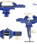 Heavy Duty 2.5 Inch Bench Vise Clamp-On Table Vise With 360 Degree Swivel Base For Woodworking Metalworking Drilling And Cutting, rugged cast iron blue vise with size measurements