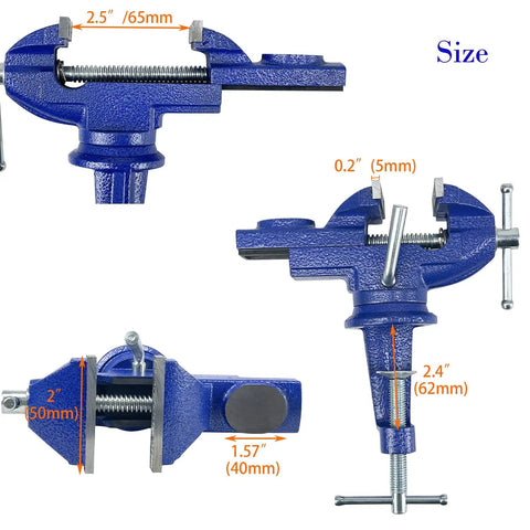 Heavy Duty 2.5 Inch Bench Vise Clamp-On Table Vise With 360 Degree Swivel Base For Woodworking Metalworking Drilling And Cutting, rugged cast iron blue vise with size measurements