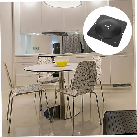 Black Iron Table Leg Connector Bracket With Screws For Furniture Repair Angled Mounting Plate displayed on a modern kitchen table.