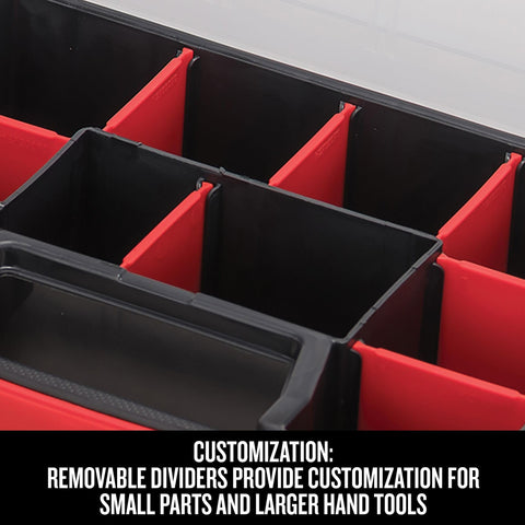 Close-up of 10-Compartment Small Tool Storage Organizer Made From Durable Plastic With Removable Dividers for customization.