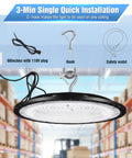 Blazing Bright 300W UFO Led High Bay Light With 5000K Daylight And 45000 Lumens showing 60-inch cord and installation hooks.