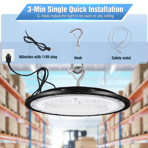 Blazing Bright 300W UFO Led High Bay Light With 5000K Daylight And 45000 Lumens showing 60-inch cord and installation hooks.