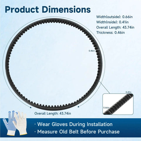 Product dimensions of Heavy Duty Cogged Drive Belt for Scag Turf Tiger 52 and 61 Inch Decks Replacement Belt Five Eighth By Forty Three Quarter Inches 482876; includes glove.