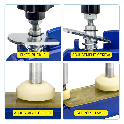 Close-up of 45 Degree Stone Mitre Clamp components including fixed buckle, adjustment screw, adjustable collet, support table.