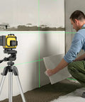 Self Leveling 360 Degree Laser Level With Tripod And Remote Four 360 Degree Cross Line Lasers For Tile Flooring And Construction Pro Grade All In One Line Laser Level Kit With Under 1mW Power Output And Two Batteries, on tripod using cross lines for tile installation