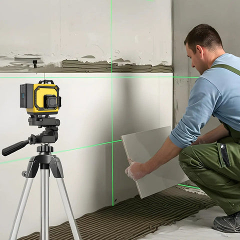 Self Leveling 360 Degree Laser Level With Tripod And Remote Four 360 Degree Cross Line Lasers For Tile Flooring And Construction Pro Grade All In One Line Laser Level Kit With Under 1mW Power Output And Two Batteries, on tripod using cross lines for tile installation