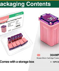 Ten Pack 30 Amp Micro Cartridge Fuses With Low Profile Box Shaped FMM Mcase Type 608830 packaging and storage box