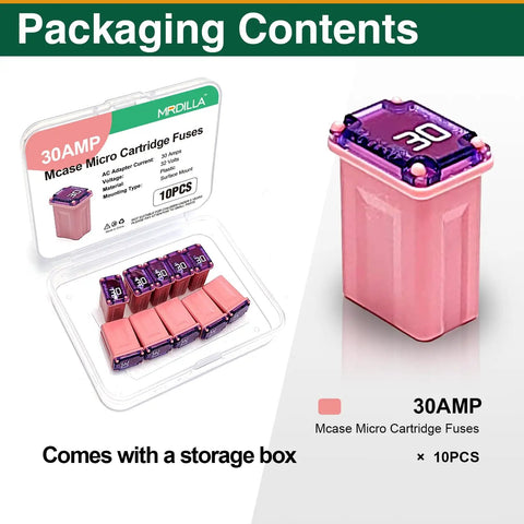 Ten Pack 30 Amp Micro Cartridge Fuses With Low Profile Box Shaped FMM Mcase Type 608830 packaging and storage box