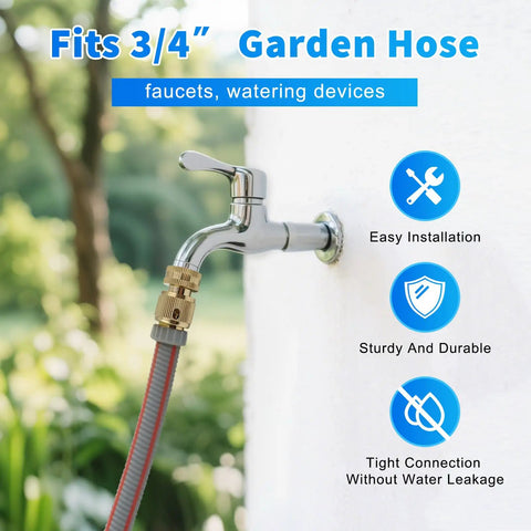 Garden Hose Quick Connector Kit Three Quarter Inch GHT Solid Brass No Leak Fittings attached to outdoor faucet