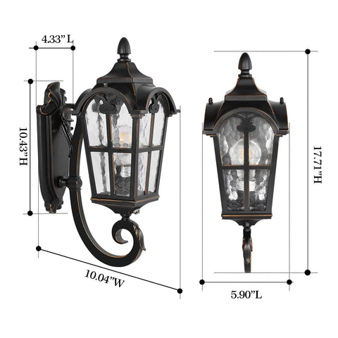 Dusk To Dawn Outdoor Wall Lantern With Water Glass And Gold Trim Vintage Rustic Exterior Light Fixture dimensions
