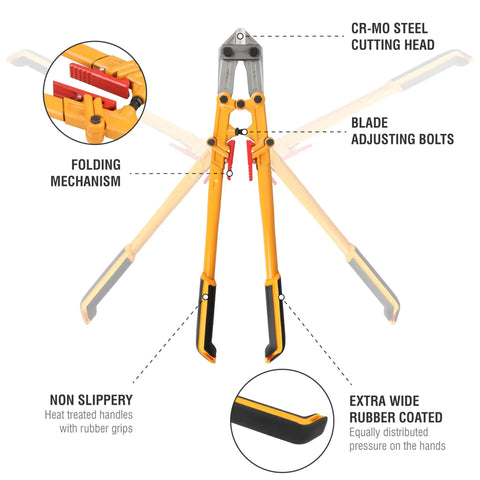 Image of a 24 Inch Bolt Cutter With Folding Handles For Easy Carry, Compact Portable Design For On The Go Jobs, showing features.