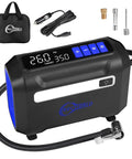 Hella Compact Tire Inflator And Portable Air Compressor with dual digital screen, power cord, and nozzle set for cars and bikes.