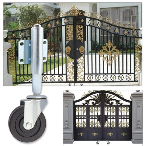 Heavy Duty Spring Loaded Gate Caster Wheel Retractable Shock Absorbing Swivel Roller For Garden Fences And Wood Gates stops sag under a decorative driveway gate.