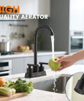BLYLUND Black Commercial Bar Sink Faucet, Stainless Steel 2 Hole Bar Faucet with flowing water, apple in hand, modern kitchen setting.