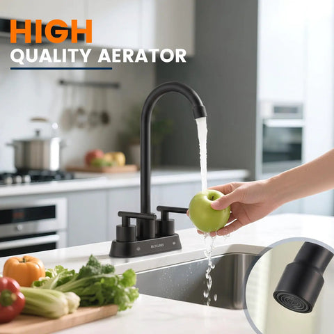 BLYLUND Black Commercial Bar Sink Faucet, Stainless Steel 2 Hole Bar Faucet with flowing water, apple in hand, modern kitchen setting.