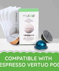 Foil Seals For Nespresso Vertuo Pods Reusable Aluminum Lids To Extend The Life Of VertuoLine Capsules Pack Of 100 Silver Keeps Coffee Fresh Leak Resistant Easy To Reuse High Quality Kitchen Essential displayed with packaging and pods