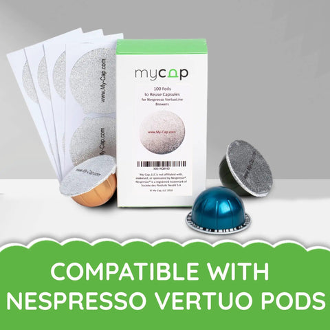 Foil Seals For Nespresso Vertuo Pods Reusable Aluminum Lids To Extend The Life Of VertuoLine Capsules Pack Of 100 Silver Keeps Coffee Fresh Leak Resistant Easy To Reuse High Quality Kitchen Essential displayed with packaging and pods