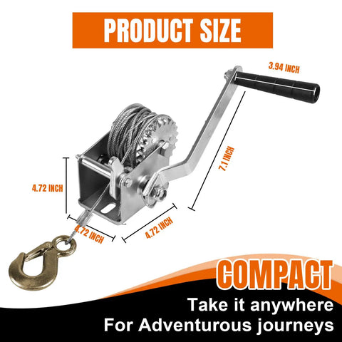 600 Lb Hand Winch For Trailers And Boats, Beefy Heavy Duty Manual Crank Winch With 23 Ft Steel Cable, Boat Trailer Towing And ATV Hauling, Durable Rope Gear For Easy Load And Unload. Compact size with 3.94-inch handle and steel hook