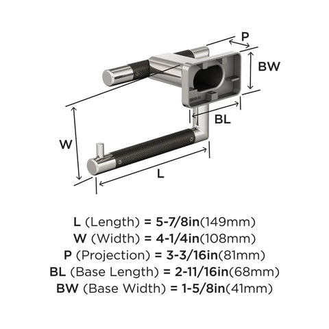Diagram of Polished Nickel And Gunmetal Single Post Toilet Paper Holder For Mega Rolls with dimensions labeled for clarity