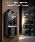 Slick Keyless Entry Smart Lock Featuring Auto Locking Fingerprint Reader on wood door, showcasing keypad and fingerprint access.