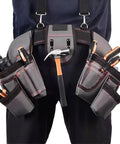 Professional Carpenter Tool Belt With Adjustable Suspenders Multi Pocket Hammer Loop And Built Tough Weight Distribution For The Daily Jobsite Grind, showing gray canvas with tools.