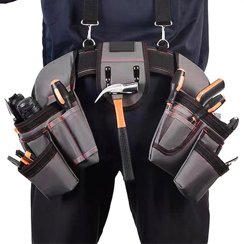Professional Carpenter Tool Belt With Adjustable Suspenders Multi Pocket Hammer Loop And Built Tough Weight Distribution For The Daily Jobsite Grind, showing gray canvas with tools.