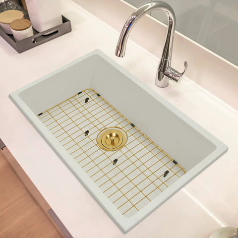 Heavy Duty 26 Inch By 14 Inch Stainless Steel Kitchen Sink Grid Protector With Rear Drain For Single Bowl Golden Finish