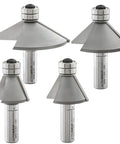 Four Piece Chamfer Router Bit Set With Twin Bearing Carbide Edges Delivers Crisp Bevels And Dead On Miter Joints At Twenty Two Point Five Thirty Forty Five And Sixty Degrees Built Tight For Router Tables Or Handheld Shop Runs, showing angled view of bits.