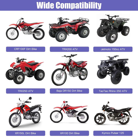 Wide compatibility with multiple vehicles; shows dirt bikes and ATVs suitable for PZ27 Carburetor Kit for 125cc 150cc 200cc 250cc engines.