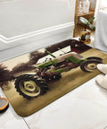 Thick Soft Absorbent Old Tractor Photo Farm Bath Rug With Non Slip Backing, placed on a bathroom floor with nearby slippers.