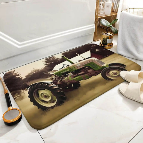 Thick Soft Absorbent Old Tractor Photo Farm Bath Rug With Non Slip Backing, placed on a bathroom floor with nearby slippers.