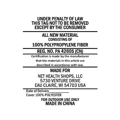 White tag showing material info, brand and address for Outdoor Hanging Lounge Chair Replacement Cushion And Floating Umbrella.