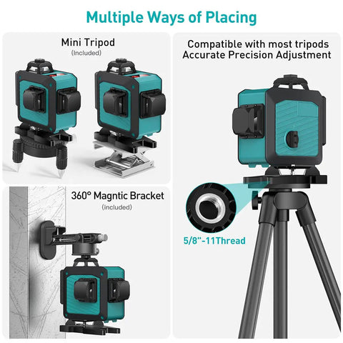 360 Degree Self Leveling Laser Level With Bluetooth Remote Control 200 Ft Outdoor Range Green Cross Line 4D shown on tripod and bracket