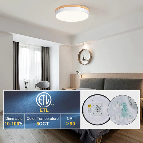 Dimmable Wood LED Flush Mount Ceiling Light With Five CCTs 2700K To 6000K in a modern bedroom setting