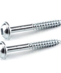 Close-up of two zinc pocket-hole screws 1-1/4 inch fine thread Maxi-Loc head for woodworking indoor projects.
