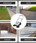 Heavy Duty Manual Push Sweeper For Driveways Patios And Garages Featuring 25.5 Inch Sweep Width and 5.25 Gallon Hopper shown in various settings.