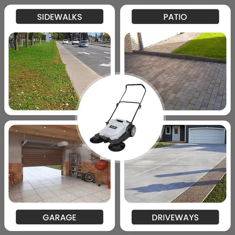 Heavy Duty Manual Push Sweeper For Driveways Patios And Garages Featuring 25.5 Inch Sweep Width and 5.25 Gallon Hopper shown in various settings.