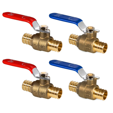 3/4 Inch PEX Ball Valve Four Pack Lead Free Brass Shut Off Valves For Hot And Cold Water Two Red And Two Blue Durable 400 PSI PEX Plumbing Valves NSF Certified