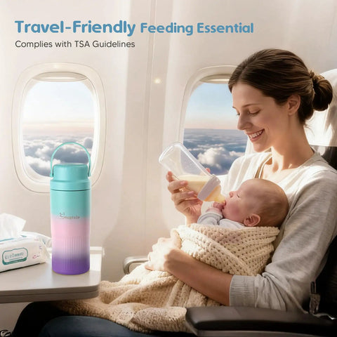 22oz Portable Breast Milk Cooler Bottle with Two BPA-Free Bottles featuring measurement marks, in use on an airplane to feed a baby.