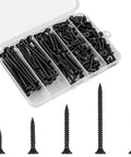 168 Piece Wood Screws Set For Wood And Drywall With Five Sizes From Six By One Half Inch To Six By Three Inch Black Carbon Steel Self Tapping Phillips Flat Head Screws Built Tough For DIYers And Pros in box and individual view