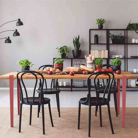 Sleek F Shape Metal Table Legs Set Of Four With Quick Install And Zero Drill Hassle For Modern Diy Dining Coffee Console Tables featuring a wooden table with black chairs.