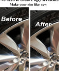 Before and after using Silver Rim Touch Up Paint Pen For Wheels And Car Rims Scratch Repair Kit To Seal Chips on a rim.