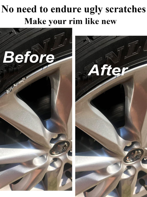 Before and after using Silver Rim Touch Up Paint Pen For Wheels And Car Rims Scratch Repair Kit To Seal Chips on a rim.