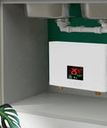 Experience Straight Hot Water Fast With Rock Solid 3000W Electric Heater under sink with digital display showing temperature.