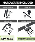 Space Saving Black Rustic Double Track U Shape Bypass Sliding Barn Door Hardware Kit parts including hangers, spacers, brackets, and tracks.