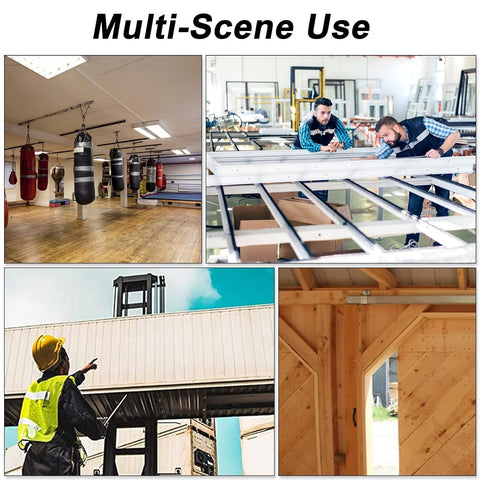 Multi-scene use: industrial workshop, gym with punching bags, construction site, wooden garage installation.