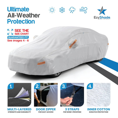 10 Layer Car Cover Waterproof All Weather Full Exterior Protection See Vehicle Size Chart Fits SUVs Sedans Trucks And More With Size A4 See Size Chart For A Custom Like Fit Winter Rain Sun Snow Guard covering a car outdoors