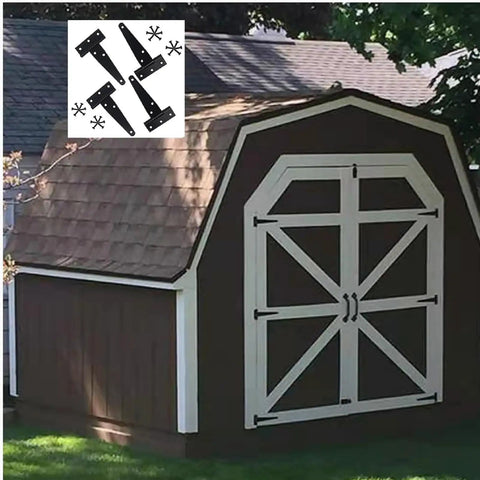 Four Piece T Strap Hinges Four Inch Heavy Duty Gate Hinges For Barn Doors Wooden Panels Farm Fences And Workshop Sheds on a shed door.
